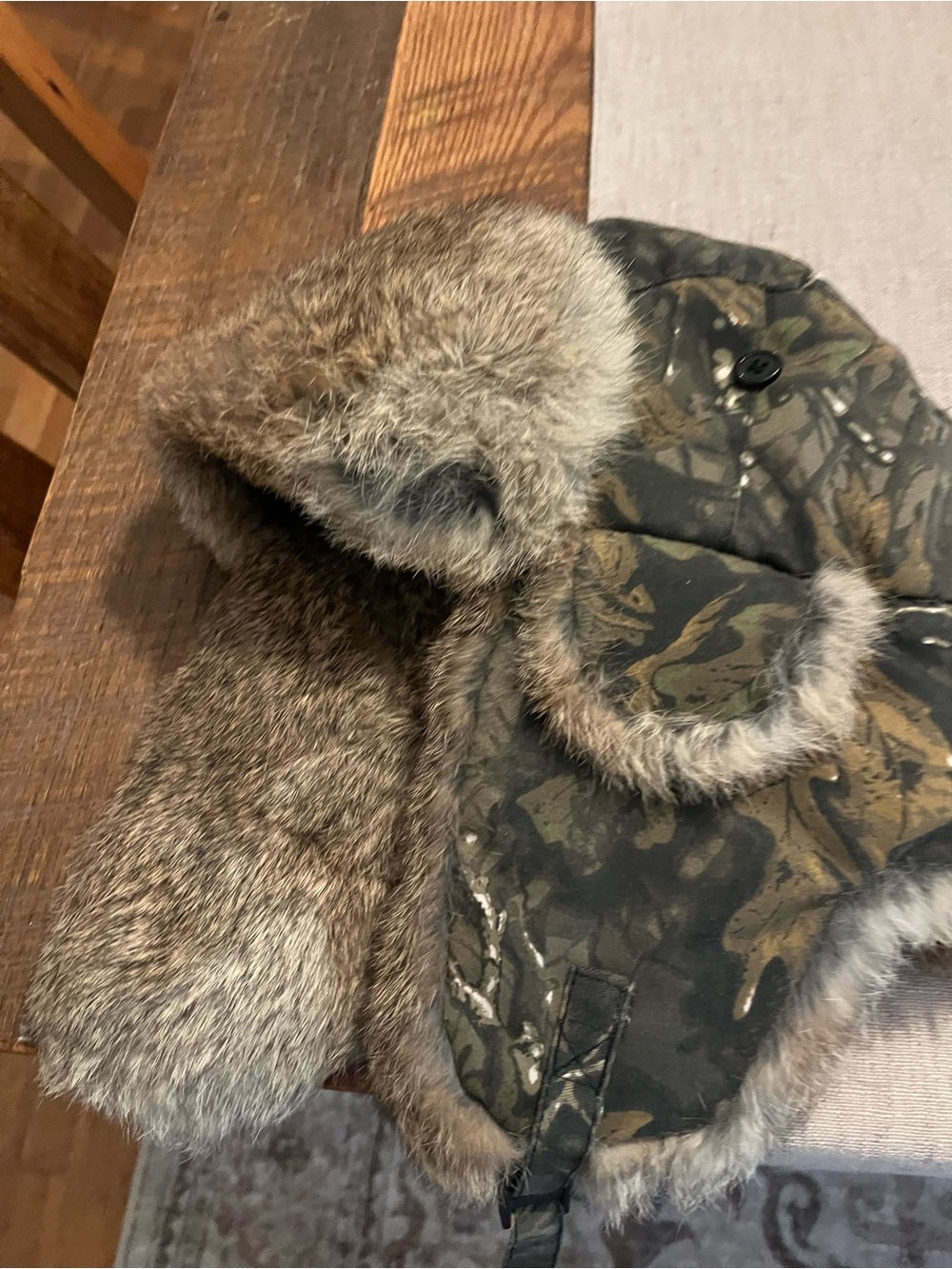 Rabbit Fur Lined Camouflage Trapper Hat - Brown